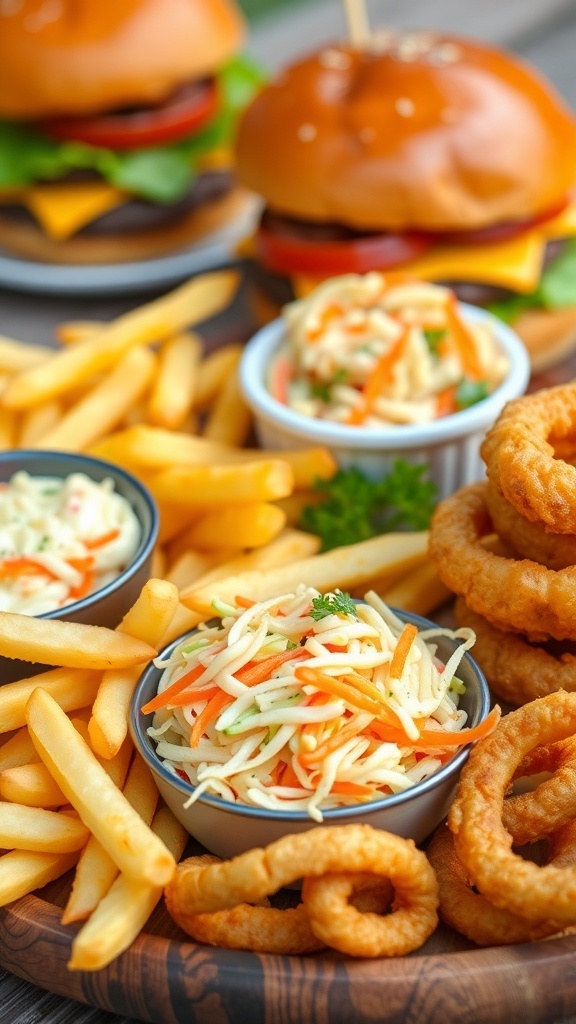 A variety of side dishes including French fries, coleslaw, and onion rings served alongside a hamburger.